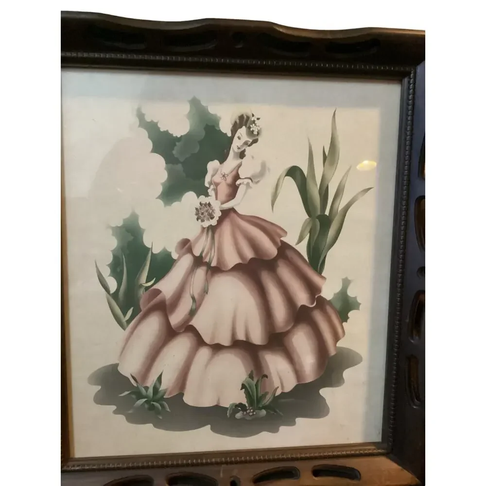 1940's Vintage Turner Art Watercolor Print Southern Belle Large Wooden Frame - Picture 2 of 5